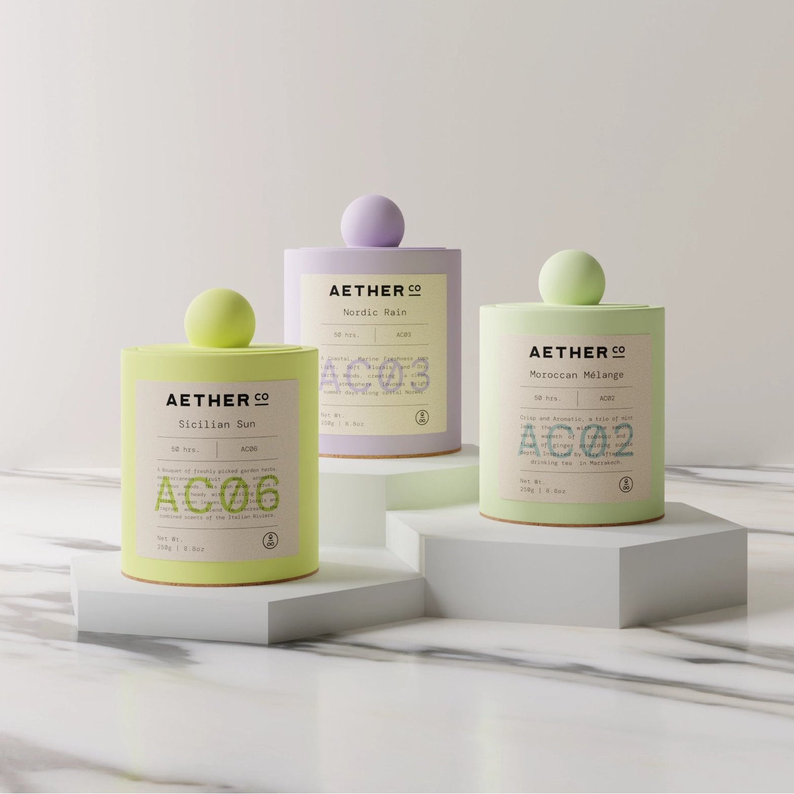 Three cylindrical concrete candles with AetherCo branding, in mint green, lime green, and soft lavender purple, displayed on a marble table on hexagonal pedestals.